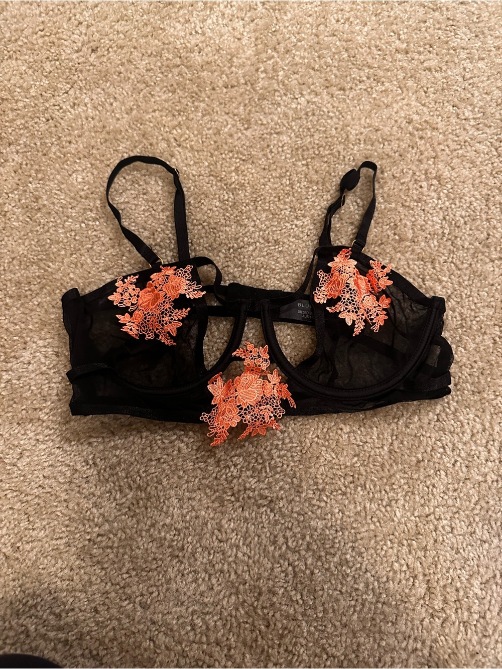 Bluebella Fonteyn Bra Black & Terracotta Orange Floral Applique Sheer Mesh 36D